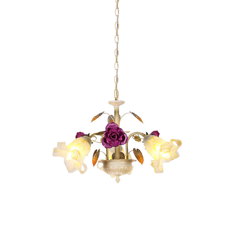 Purple Floral Ceiling Light Countryside White Glass 3/5/6 Bulbs Dining Room Hanging Chandelier Clearhalo 'Ceiling Lights' 'Chandeliers' Lighting' options 729570