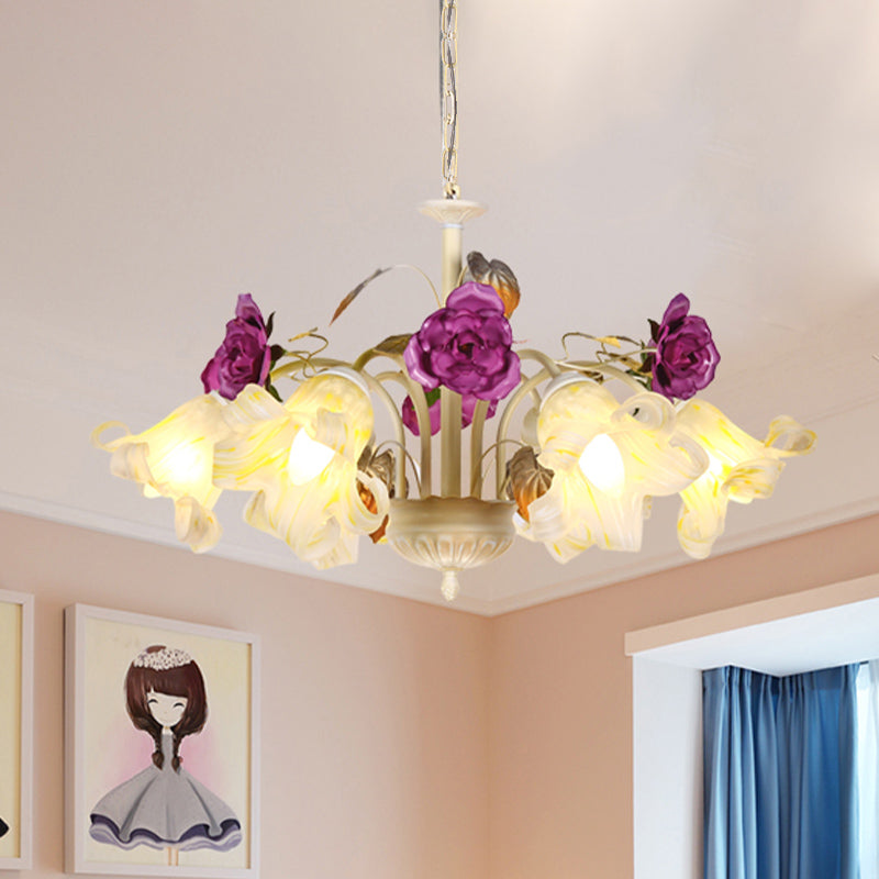 Purple Floral Ceiling Light Countryside White Glass 3/5/6 Bulbs Dining Room Hanging Chandelier 5 White Clearhalo 'Ceiling Lights' 'Chandeliers' Lighting' options 729572_f3663be7-7ba0-4286-9c9b-9be9476f6771