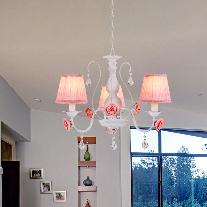 Fabric Pleated Shade Chandelier Pastoral 3/6/8 Lights Dining Room Pendant in Pink with Crystal Drop Clearhalo 'Ceiling Lights' 'Chandeliers' Lighting' options 729623