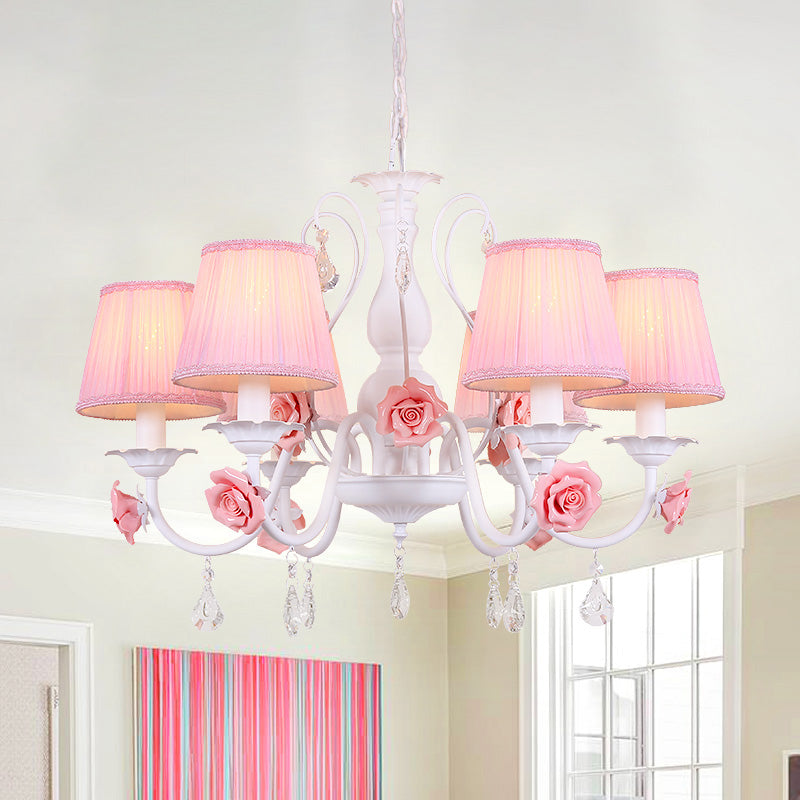 Fabric Pleated Shade Chandelier Pastoral 3/6/8 Lights Dining Room Pendant in Pink with Crystal Drop 6 Pink Clearhalo 'Ceiling Lights' 'Chandeliers' Lighting' options 729626_988463a1-c541-410b-9bd4-a16777f18b31