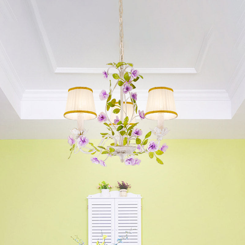 Bucket Fabric Chandelier Lighting Fixture Korean Flower 3/6/8 Bulbs Bedroom Suspension Pendant in White Clearhalo 'Ceiling Lights' 'Chandeliers' Lighting' options 729642