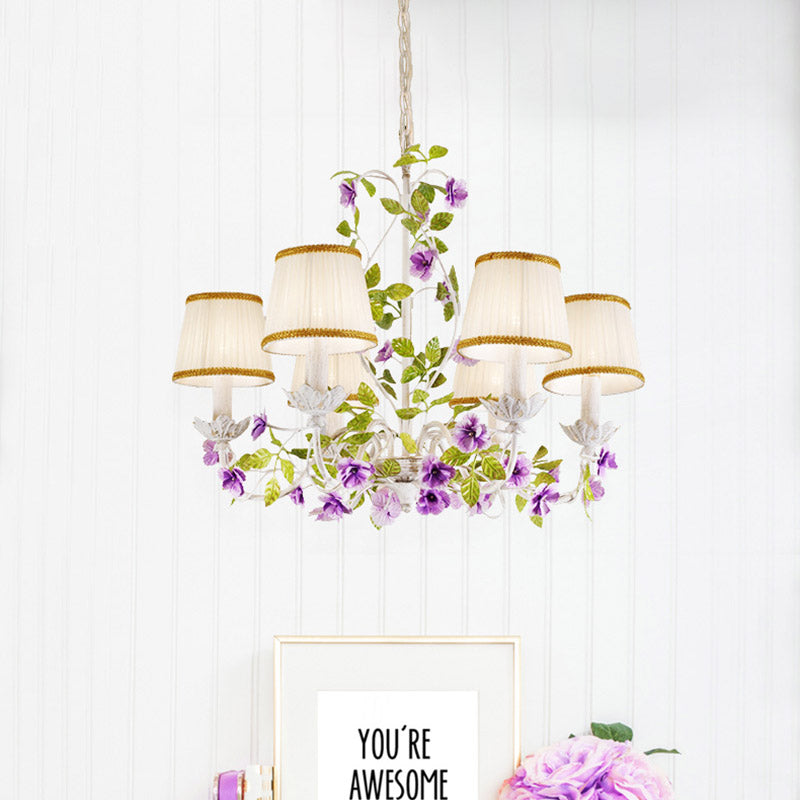 Bucket Fabric Chandelier Lighting Fixture Korean Flower 3/6/8 Bulbs Bedroom Suspension Pendant in White Clearhalo 'Ceiling Lights' 'Chandeliers' Lighting' options 729647