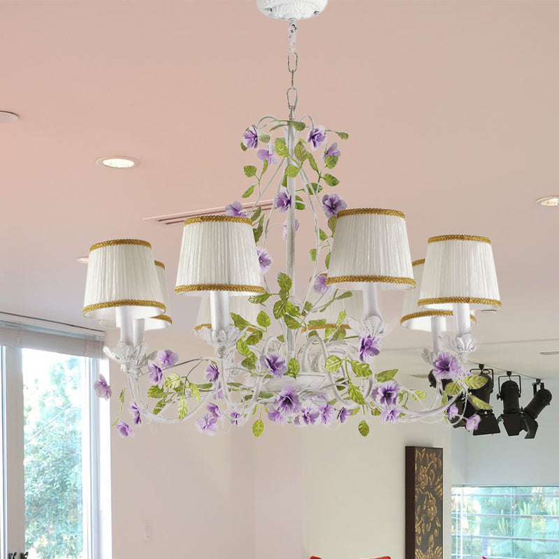 Bucket Fabric Chandelier Lighting Fixture Korean Flower 3/6/8 Bulbs Bedroom Suspension Pendant in White Clearhalo 'Ceiling Lights' 'Chandeliers' Lighting' options 729651