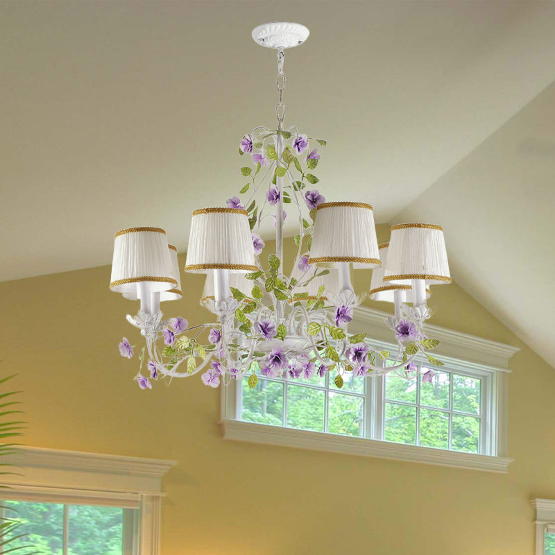 Bucket Fabric Chandelier Lighting Fixture Korean Flower 3/6/8 Bulbs Bedroom Suspension Pendant in White Clearhalo 'Ceiling Lights' 'Chandeliers' Lighting' options 729652