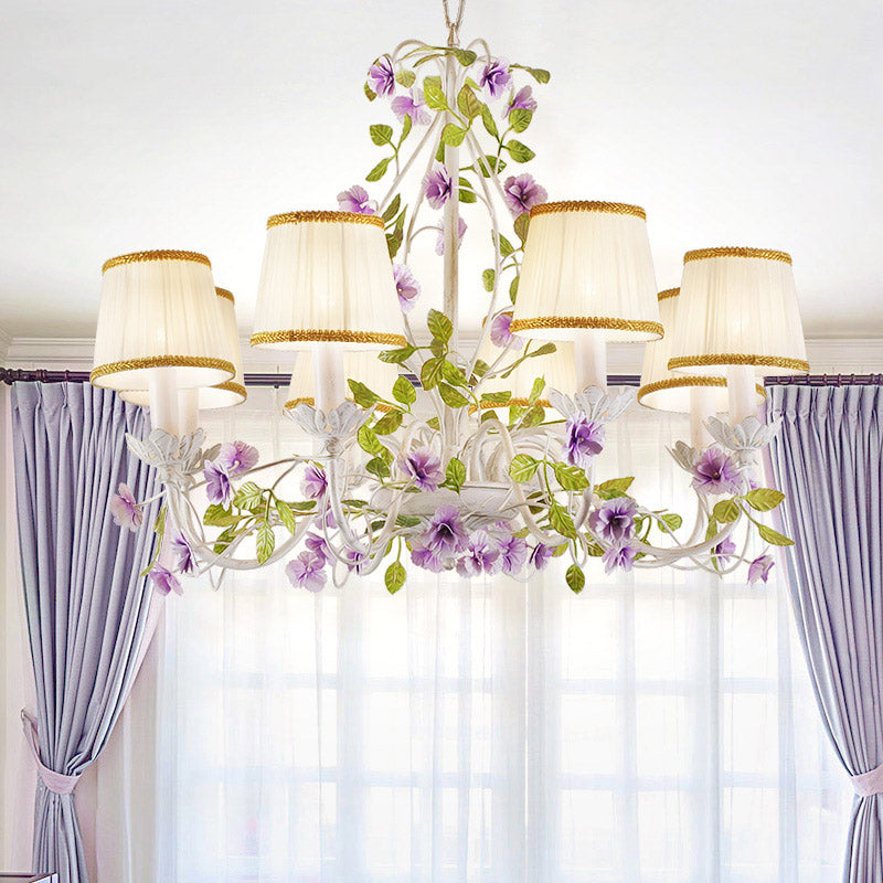 Bucket Fabric Chandelier Lighting Fixture Korean Flower 3/6/8 Bulbs Bedroom Suspension Pendant in White Clearhalo 'Ceiling Lights' 'Chandeliers' Lighting' options 729653