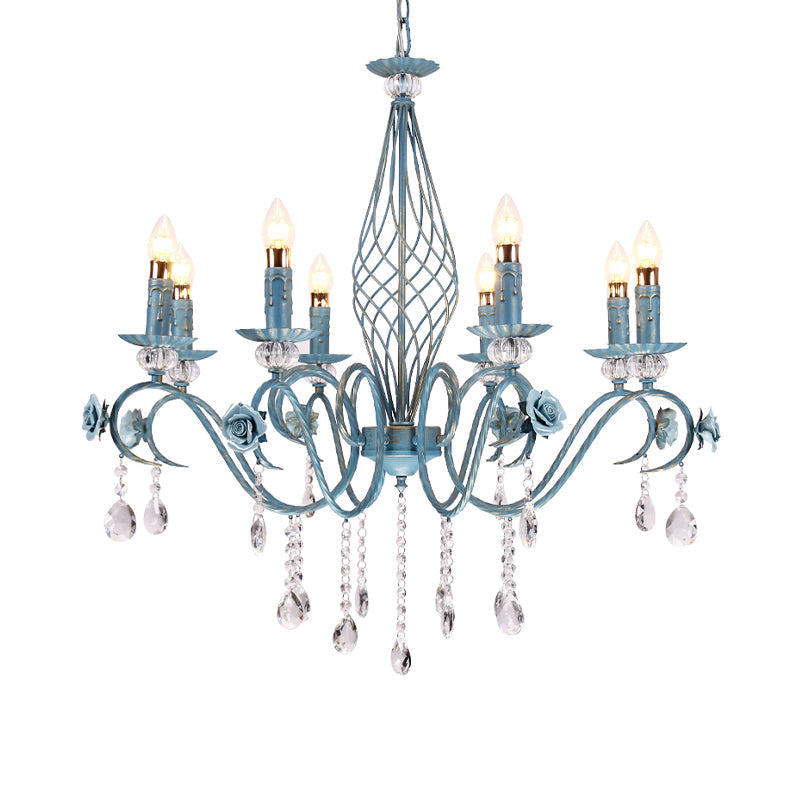 Blue Candlestick Chandelier Korean Flower Metal 3/5/8 Heads Dining Room Ceiling Lamp with Crystal Draping Clearhalo 'Ceiling Lights' 'Chandeliers' Lighting' options 729674