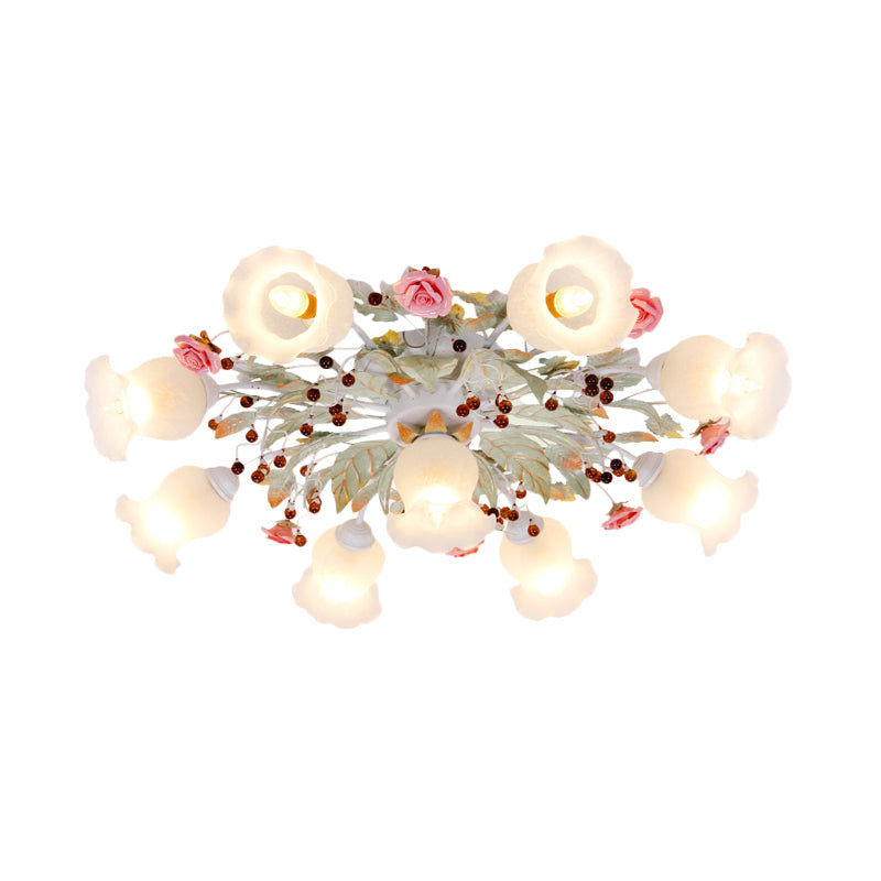 Korean Garden Bloom Semi Flush 4/6/9 Bulbs White Glass Flush Mount Light Fixture for Dining Room Clearhalo 'Ceiling Lights' 'Close To Ceiling Lights' 'Close to ceiling' 'Semi-flushmount' Lighting' 729845