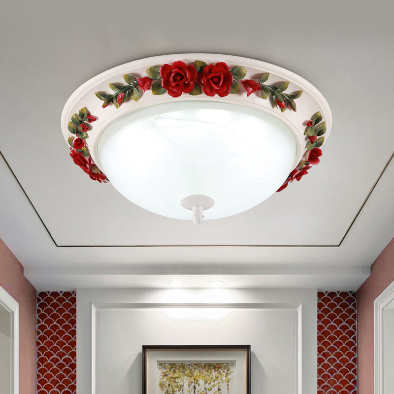 12"/16" W Red LED Ceiling Lamp Korean Garden White Glass Domed Flush Mount Lighting with Flower Design Clearhalo 'Ceiling Lights' 'Close To Ceiling Lights' 'Close to ceiling' 'Flush mount' Lighting' 729878
