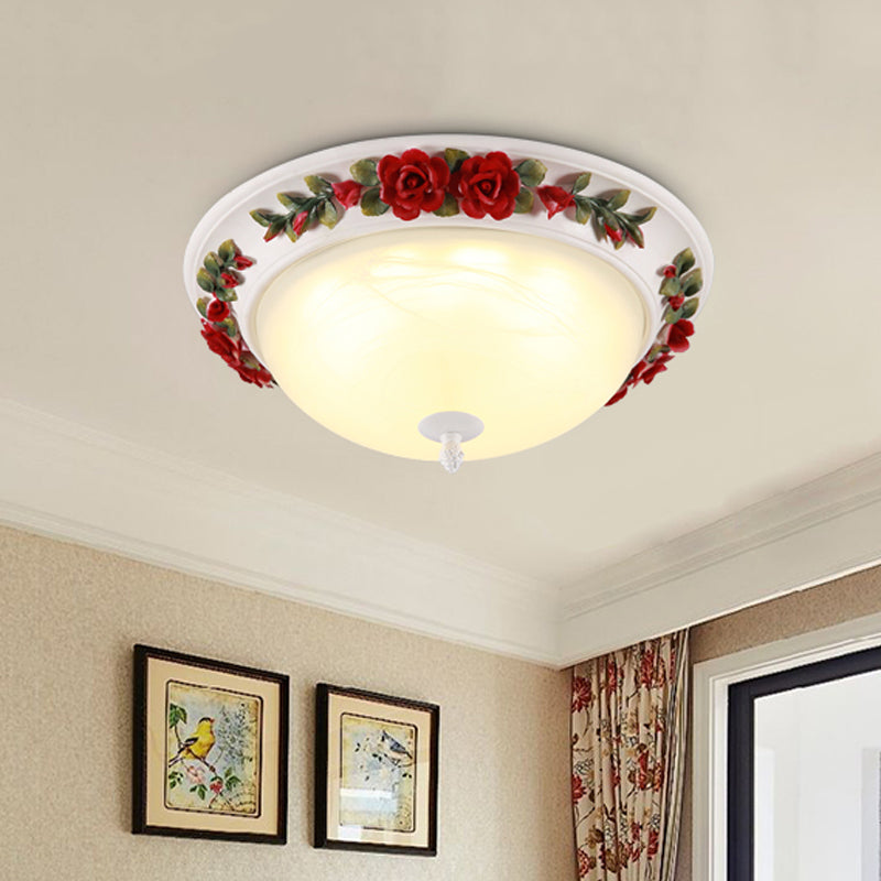 12"/16" W Red LED Ceiling Lamp Korean Garden White Glass Domed Flush Mount Lighting with Flower Design Clearhalo 'Ceiling Lights' 'Close To Ceiling Lights' 'Close to ceiling' 'Flush mount' Lighting' 729879