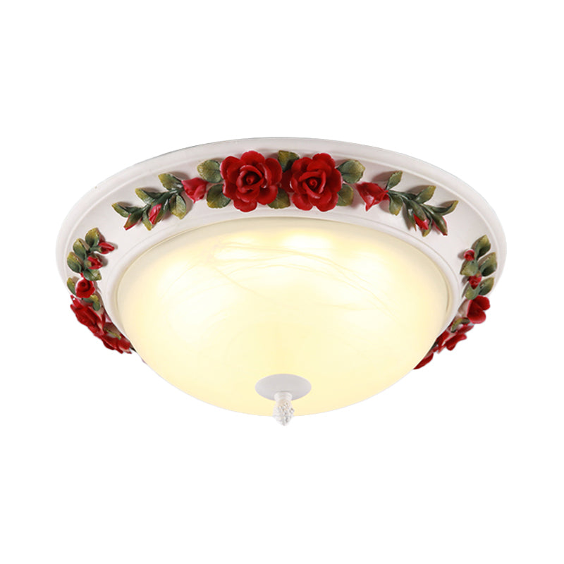 12"/16" W Red LED Ceiling Lamp Korean Garden White Glass Domed Flush Mount Lighting with Flower Design Clearhalo 'Ceiling Lights' 'Close To Ceiling Lights' 'Close to ceiling' 'Flush mount' Lighting' 729880