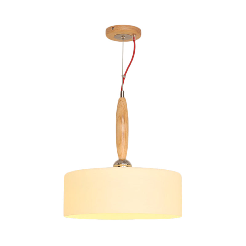 1-Light Restaurant Pendant Contemporary Beige Down Lighting with Drum White Glass Shade Clearhalo 'Ceiling Lights' 'Modern Pendants' 'Modern' 'Pendant Lights' 'Pendants' Lighting' 729945