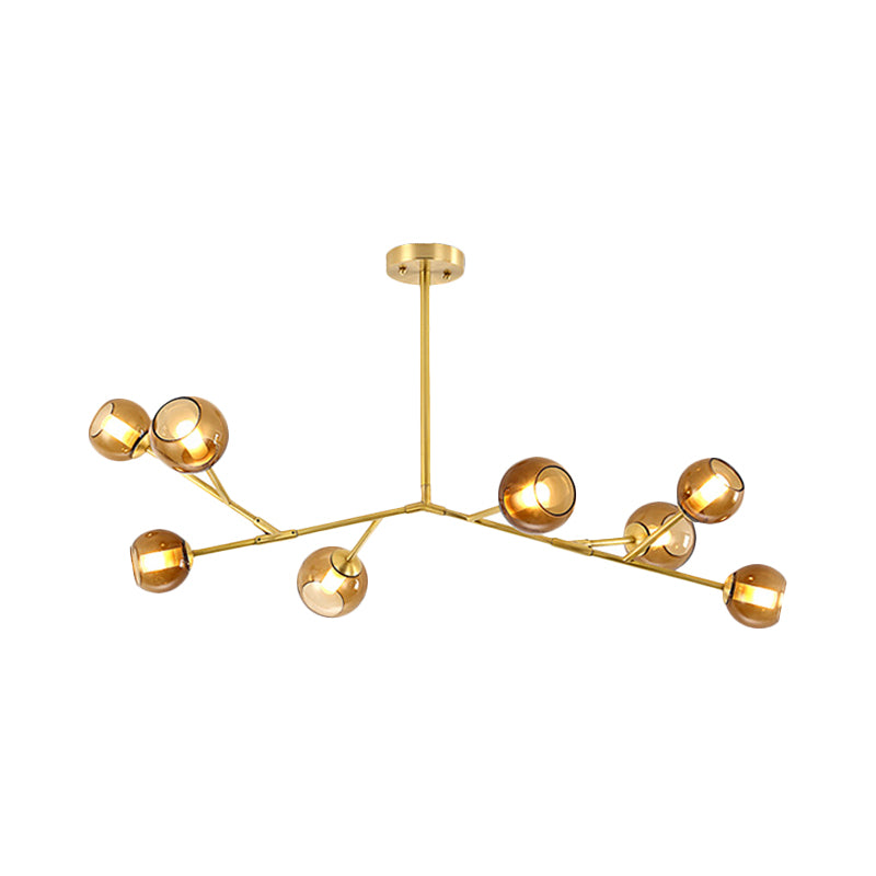 8-Bulb Living Room Ceiling Chandelier Post Modern Brass Branch Pendant Light Fixture with Bud Amber Glass Shade Clearhalo 'Ceiling Lights' 'Chandeliers' 'Glass shade' 'Glass' 'Modern Chandeliers' 'Modern' 'Pendant Lights' Lighting' 730098