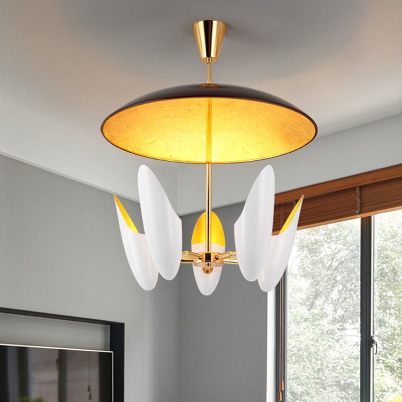 Aluminum Chamfered Capsule Chandelier Post Modern 5 Heads White Pendant Ceiling Lamp with Black Flat Dome Top Clearhalo 'Ceiling Lights' 'Chandeliers' 'Modern Chandeliers' 'Modern' Lighting' 730136