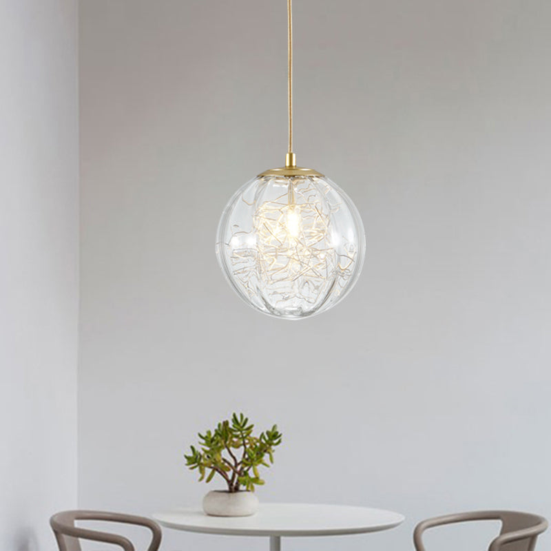 Brass Pumpkin Ball Ceiling Light Modern 1-Bulb Clear Glass Suspended Pendant Lamp for Bedside Clear Clearhalo 'Ceiling Lights' 'Glass shade' 'Glass' 'Modern Pendants' 'Modern' 'Pendant Lights' 'Pendants' Lighting' 730335