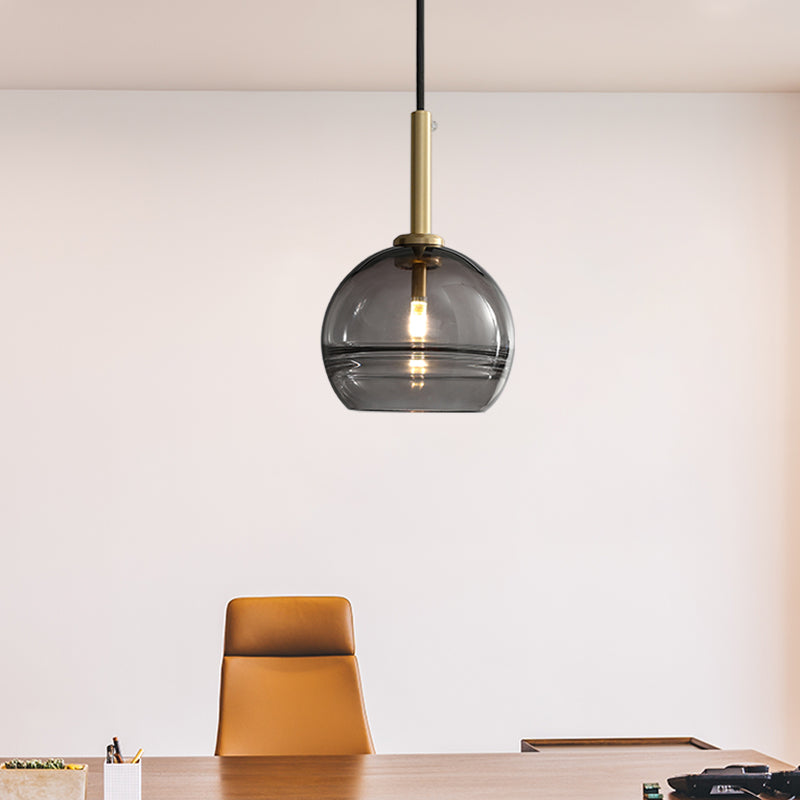 1 Light Living Room Pendant Modernist Brass Hanging Lamp Kit with Sphere Clear/Smoke Gray Ruffle Glass Shade Clearhalo 'Ceiling Lights' 'Chandeliers' 'Glass shade' 'Glass' 'Modern Pendants' 'Modern' 'Pendant Lights' 'Pendants' Lighting' 730346