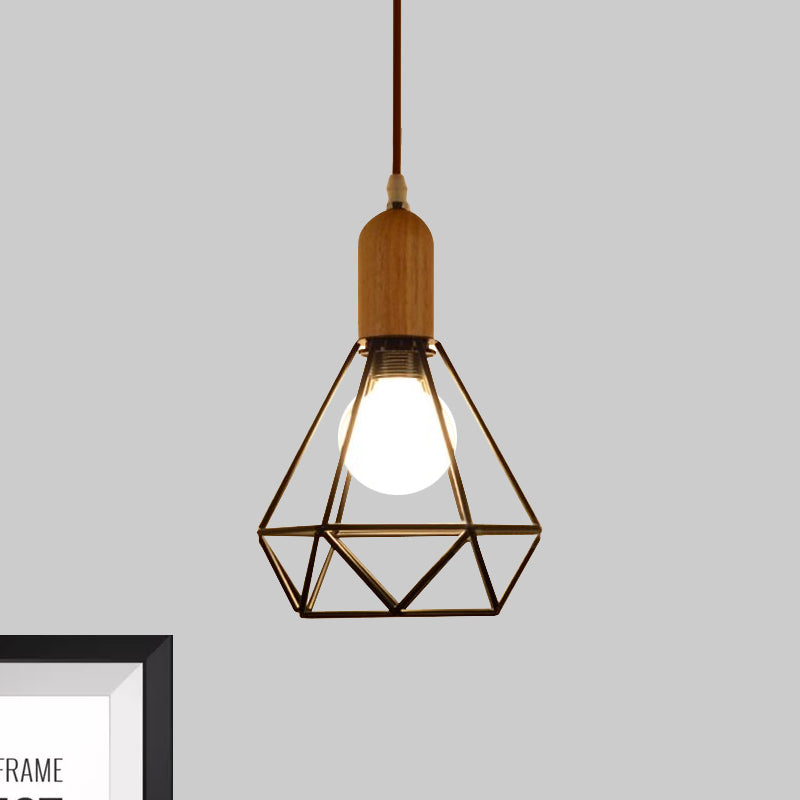 Industrial Saucer/Polygon/Diamond Pendant Lighting Fixture 1 Head Metal and Wood Ceiling Light with Cage Shade in Black Clearhalo 'Art Deco Pendants' 'Black' 'Cast Iron' 'Ceiling Lights' 'Ceramic' 'Crystal' 'Industrial Pendants' 'Industrial' 'Metal' 'Middle Century Pendants' 'Pendant Lights' 'Pendants' 'Rustic Pendants' 'Tiffany' Lighting' 730434