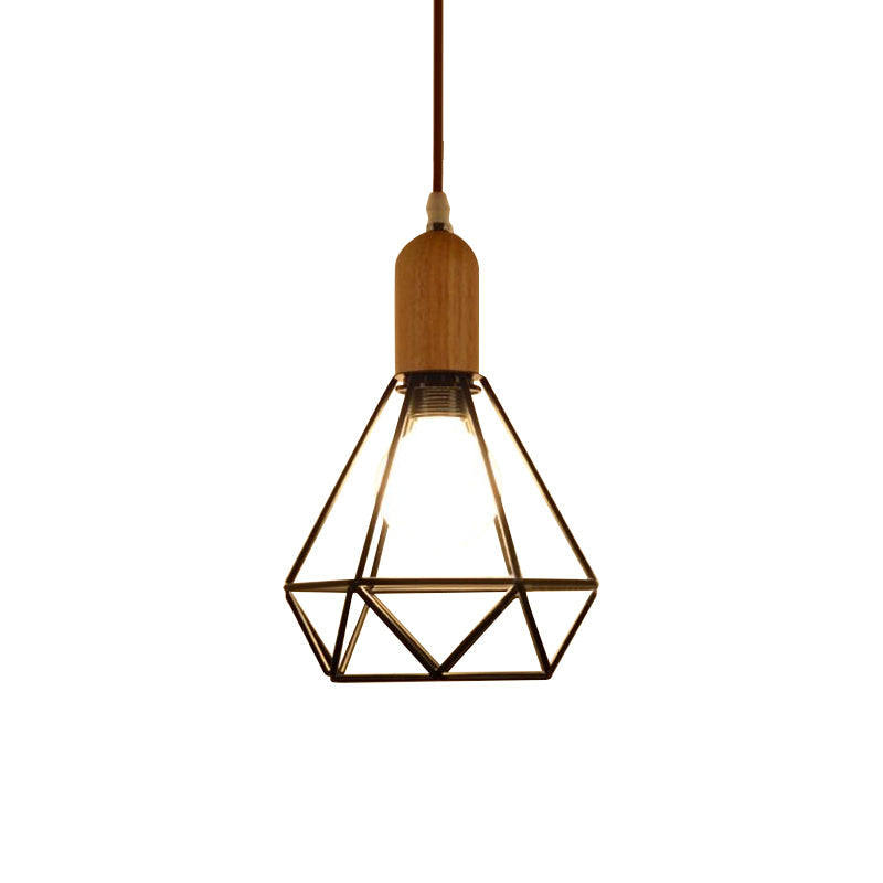 Industrial Saucer/Polygon/Diamond Pendant Lighting Fixture 1 Head Metal and Wood Ceiling Light with Cage Shade in Black Clearhalo 'Art Deco Pendants' 'Black' 'Cast Iron' 'Ceiling Lights' 'Ceramic' 'Crystal' 'Industrial Pendants' 'Industrial' 'Metal' 'Middle Century Pendants' 'Pendant Lights' 'Pendants' 'Rustic Pendants' 'Tiffany' Lighting' 730435