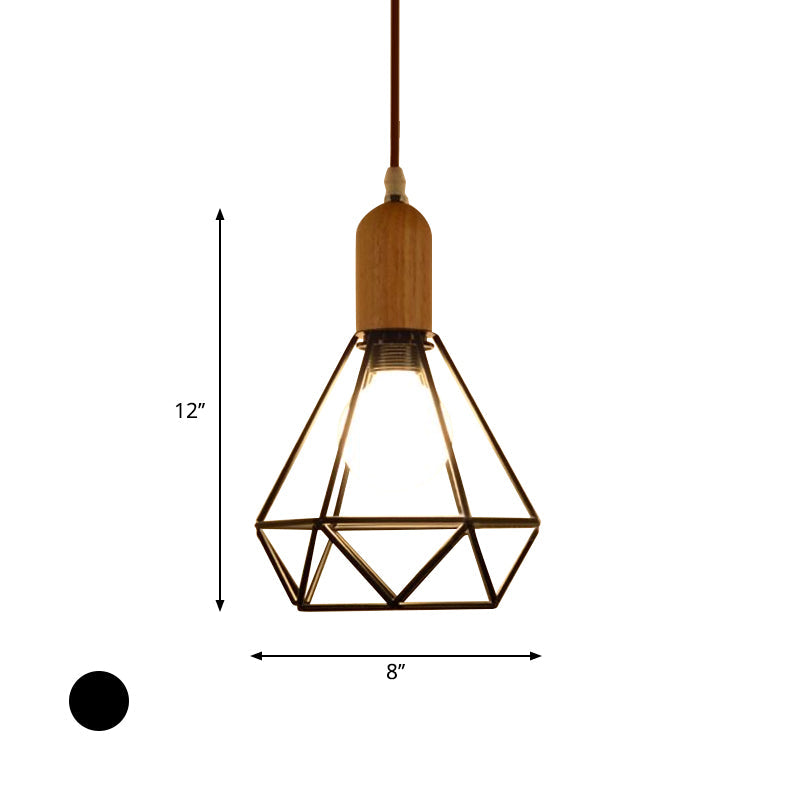 Industrial Saucer/Polygon/Diamond Pendant Lighting Fixture 1 Head Metal and Wood Ceiling Light with Cage Shade in Black Clearhalo 'Art Deco Pendants' 'Black' 'Cast Iron' 'Ceiling Lights' 'Ceramic' 'Crystal' 'Industrial Pendants' 'Industrial' 'Metal' 'Middle Century Pendants' 'Pendant Lights' 'Pendants' 'Rustic Pendants' 'Tiffany' Lighting' 730436