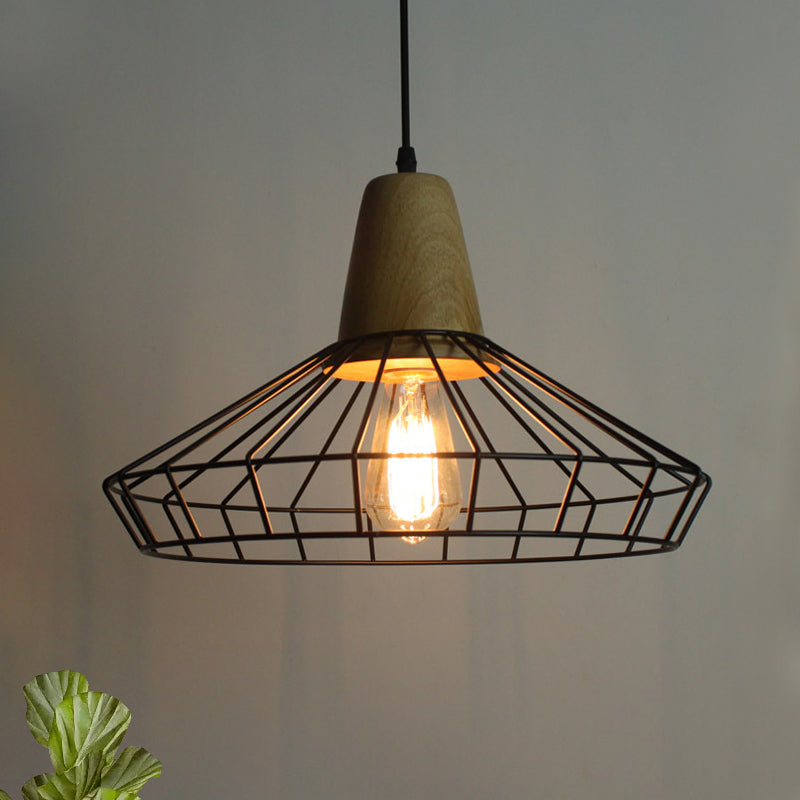 Industrial Saucer/Polygon/Diamond Pendant Lighting Fixture 1 Head Metal and Wood Ceiling Light with Cage Shade in Black Clearhalo 'Art Deco Pendants' 'Black' 'Cast Iron' 'Ceiling Lights' 'Ceramic' 'Crystal' 'Industrial Pendants' 'Industrial' 'Metal' 'Middle Century Pendants' 'Pendant Lights' 'Pendants' 'Rustic Pendants' 'Tiffany' Lighting' 730438