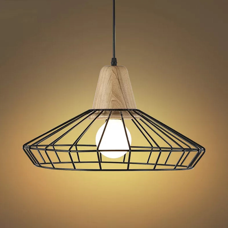Industrial Saucer/Polygon/Diamond Pendant Lighting Fixture 1 Head Metal and Wood Ceiling Light with Cage Shade in Black Clearhalo 'Art Deco Pendants' 'Black' 'Cast Iron' 'Ceiling Lights' 'Ceramic' 'Crystal' 'Industrial Pendants' 'Industrial' 'Metal' 'Middle Century Pendants' 'Pendant Lights' 'Pendants' 'Rustic Pendants' 'Tiffany' Lighting' 730439