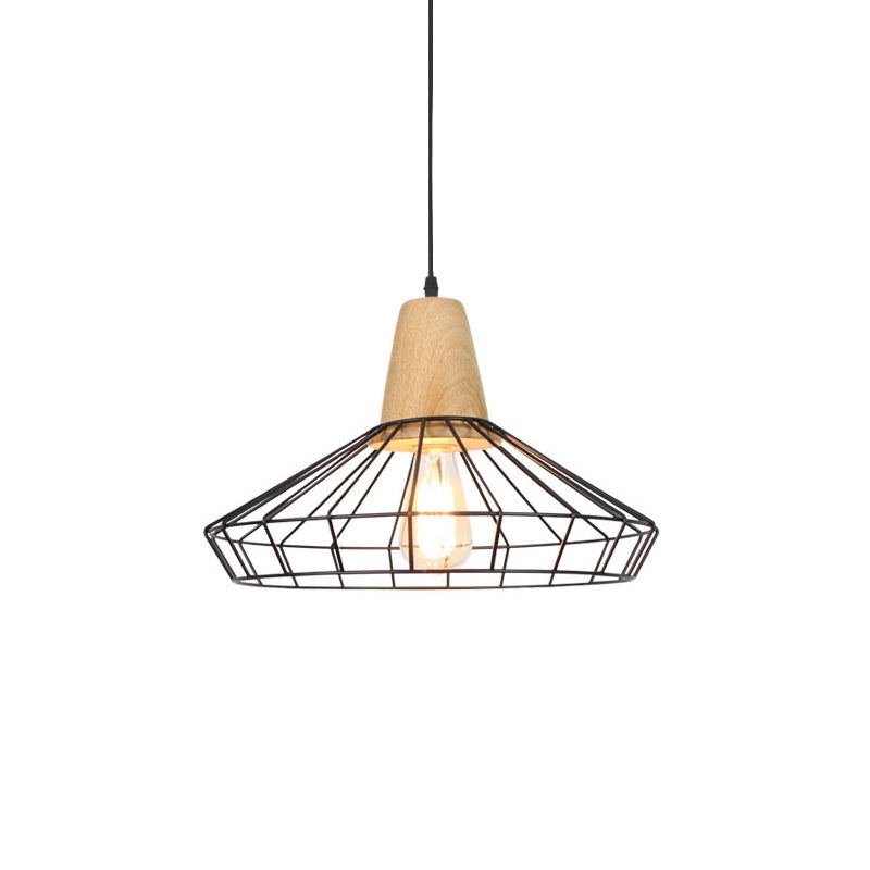 Industrial Saucer/Polygon/Diamond Pendant Lighting Fixture 1 Head Metal and Wood Ceiling Light with Cage Shade in Black Clearhalo 'Art Deco Pendants' 'Black' 'Cast Iron' 'Ceiling Lights' 'Ceramic' 'Crystal' 'Industrial Pendants' 'Industrial' 'Metal' 'Middle Century Pendants' 'Pendant Lights' 'Pendants' 'Rustic Pendants' 'Tiffany' Lighting' 730440