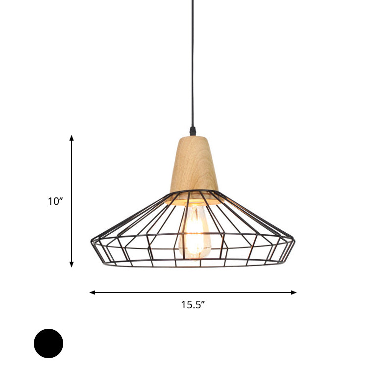 Industrial Saucer/Polygon/Diamond Pendant Lighting Fixture 1 Head Metal and Wood Ceiling Light with Cage Shade in Black Clearhalo 'Art Deco Pendants' 'Black' 'Cast Iron' 'Ceiling Lights' 'Ceramic' 'Crystal' 'Industrial Pendants' 'Industrial' 'Metal' 'Middle Century Pendants' 'Pendant Lights' 'Pendants' 'Rustic Pendants' 'Tiffany' Lighting' 730441
