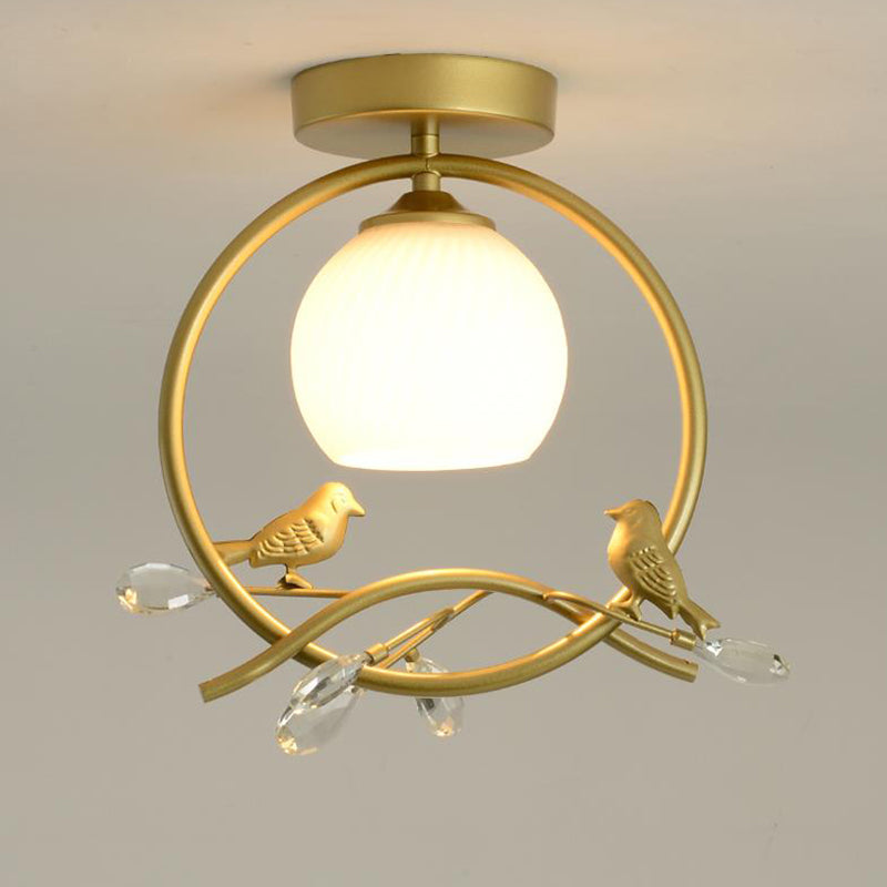 Metal Ring Semi-Flush Mount Modernist 1-Head Black/Gold Finish Flush Lighting with Bird and Crystal Deco Gold Clearhalo 'Ceiling Lights' 'Close To Ceiling Lights' 'Close to ceiling' 'Glass shade' 'Glass' 'Pendant Lights' 'Semi-flushmount' Lighting' 730534