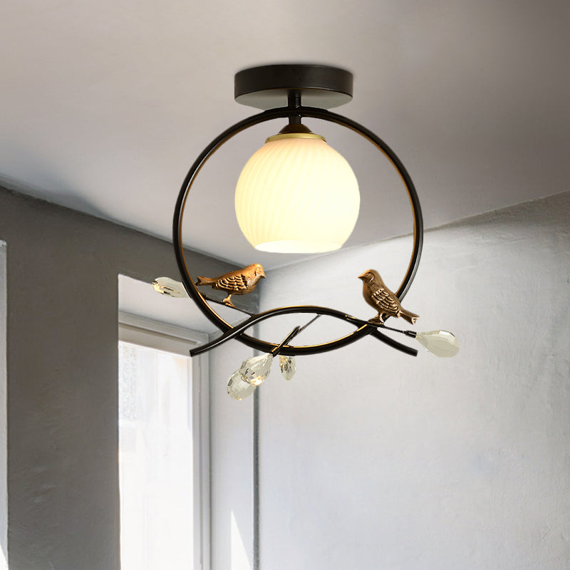 Metal Ring Semi-Flush Mount Modernist 1-Head Black/Gold Finish Flush Lighting with Bird and Crystal Deco Black Clearhalo 'Ceiling Lights' 'Close To Ceiling Lights' 'Close to ceiling' 'Glass shade' 'Glass' 'Pendant Lights' 'Semi-flushmount' Lighting' 730539