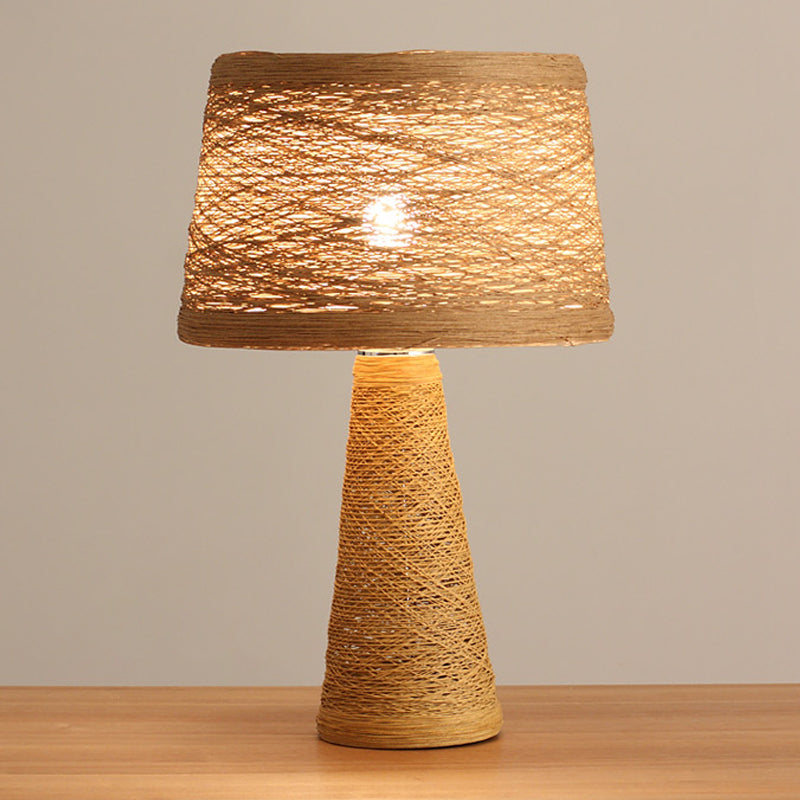 1 Bulb Study Room Desk Light Asian Style White/Tan Reading Book Lamp with Rattan Shade Tan Clearhalo 'Lamps' 'Table Lamps' Lighting' 730944