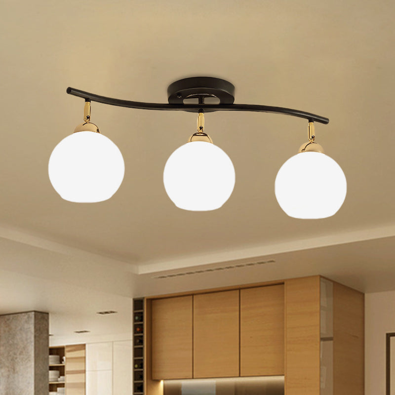 Wave Linear Iron Semi Flush Mount Minimalist 3 Heads White/Black Flush Light Fixture with Global Opal Glass Shade Black Clearhalo 'Ceiling Lights' 'Close To Ceiling Lights' 'Close to ceiling' 'Glass shade' 'Glass' 'Semi-flushmount' Lighting' 731074