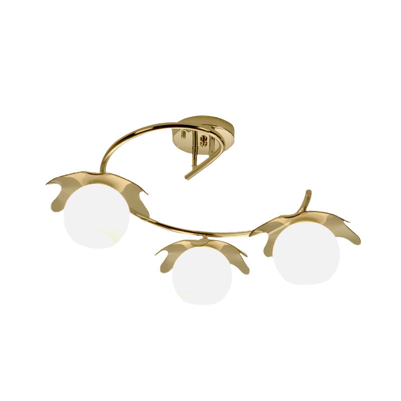 Chrome Ball Semi Flush Light Fixture Modernist 3 Lights Frosted White Glass Flush Lamp with Spiral Arm Clearhalo 'Ceiling Lights' 'Close To Ceiling Lights' 'Close to ceiling' 'Glass shade' 'Glass' 'Semi-flushmount' Lighting' 731085
