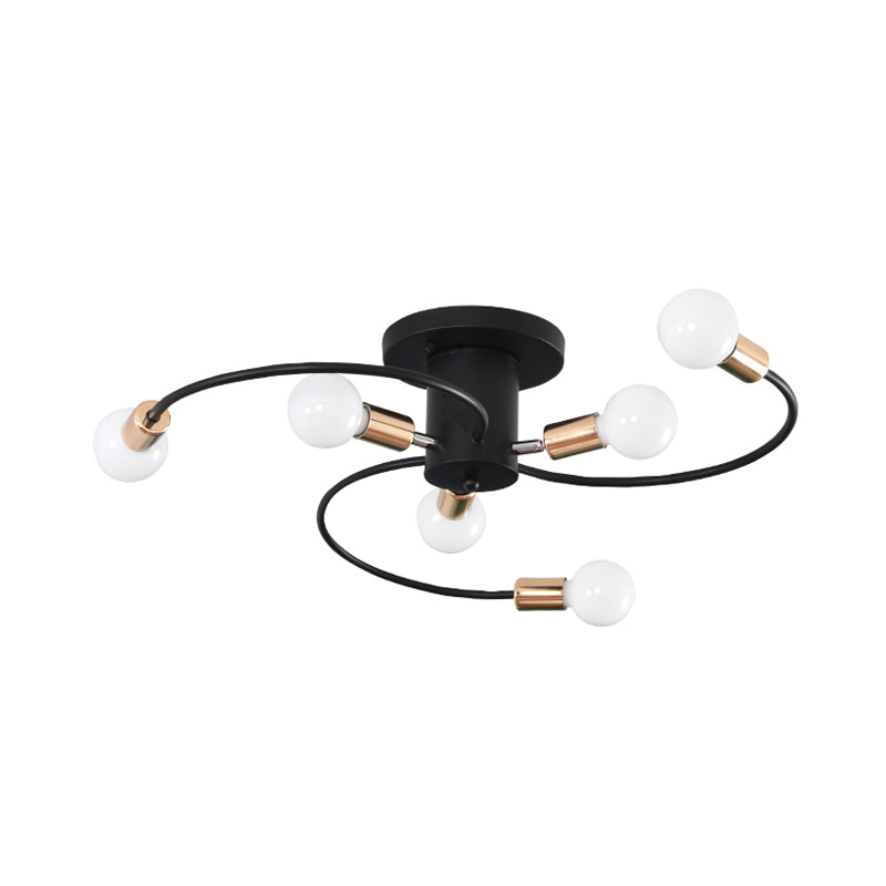 Spiral Arm Iron Semi Flush Lighting Modernism 6-Bulb Black and Gold Close to Ceiling Lamp Clearhalo 'Ceiling Lights' 'Close To Ceiling Lights' 'Close to ceiling' 'Glass shade' 'Glass' 'Semi-flushmount' Lighting' 731100