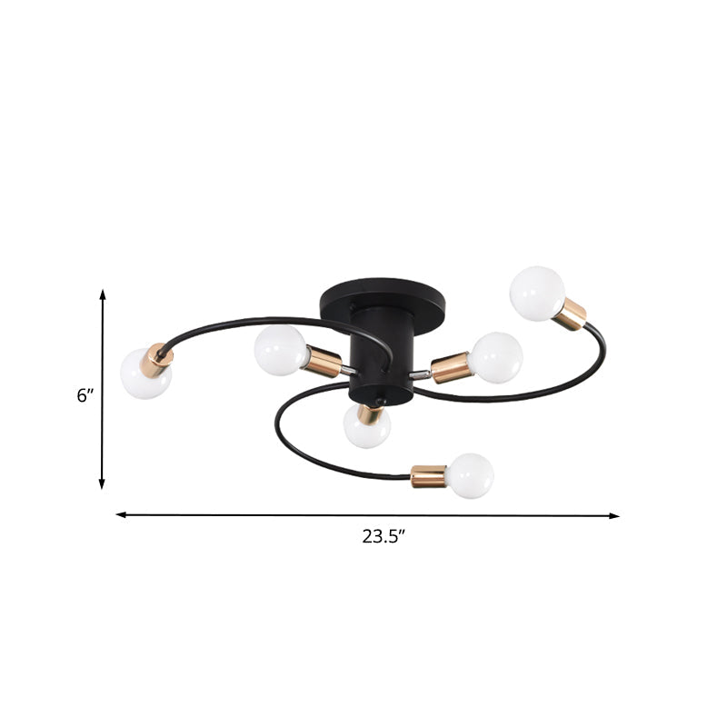 Spiral Arm Iron Semi Flush Lighting Modernism 6-Bulb Black and Gold Close to Ceiling Lamp Clearhalo 'Ceiling Lights' 'Close To Ceiling Lights' 'Close to ceiling' 'Glass shade' 'Glass' 'Semi-flushmount' Lighting' 731101
