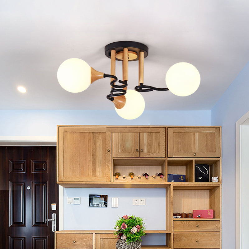 Black and Wood Sphere Semi Flush Mount Light Modernism 3/6 Lights Opal Glass Flush Ceiling Lamp 3 Black Clearhalo 'Ceiling Lights' 'Close To Ceiling Lights' 'Close to ceiling' 'Glass shade' 'Glass' 'Semi-flushmount' Lighting' 731102