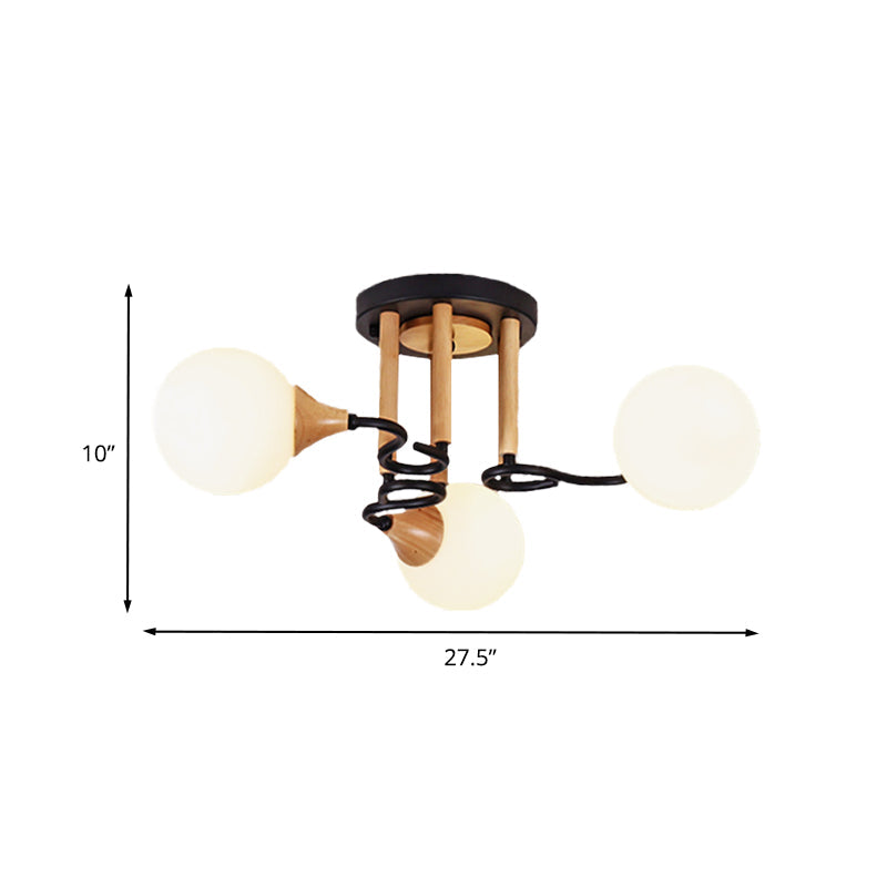 Black and Wood Sphere Semi Flush Mount Light Modernism 3/6 Lights Opal Glass Flush Ceiling Lamp Clearhalo 'Ceiling Lights' 'Close To Ceiling Lights' 'Close to ceiling' 'Glass shade' 'Glass' 'Semi-flushmount' Lighting' 731106
