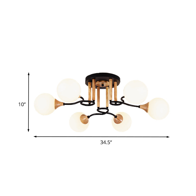 Black and Wood Sphere Semi Flush Mount Light Modernism 3/6 Lights Opal Glass Flush Ceiling Lamp Clearhalo 'Ceiling Lights' 'Close To Ceiling Lights' 'Close to ceiling' 'Glass shade' 'Glass' 'Semi-flushmount' Lighting' 731110