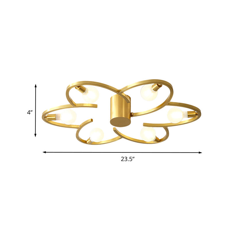Modern Flower Semi Flush Mount Metallic 5/6-Head Bedroom Close to Ceiling Lighting in Gold Clearhalo 'Ceiling Lights' 'Close To Ceiling Lights' 'Close to ceiling' 'Glass shade' 'Glass' 'Semi-flushmount' Lighting' 731120