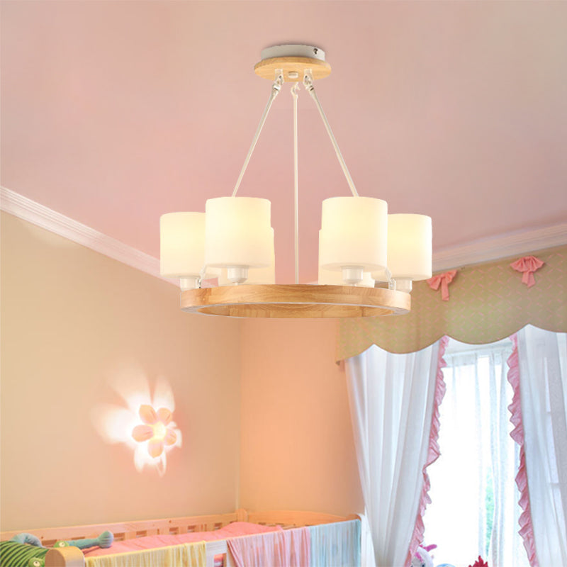 White Glass Cylinder Chandelier Light Modern 4/6/8-Light Wood Hanging Pendant Lamp with Ring Design Clearhalo 'Ceiling Lights' 'Chandeliers' 'Glass shade' 'Glass' 'Modern Chandeliers' 'Modern' Lighting' 731248