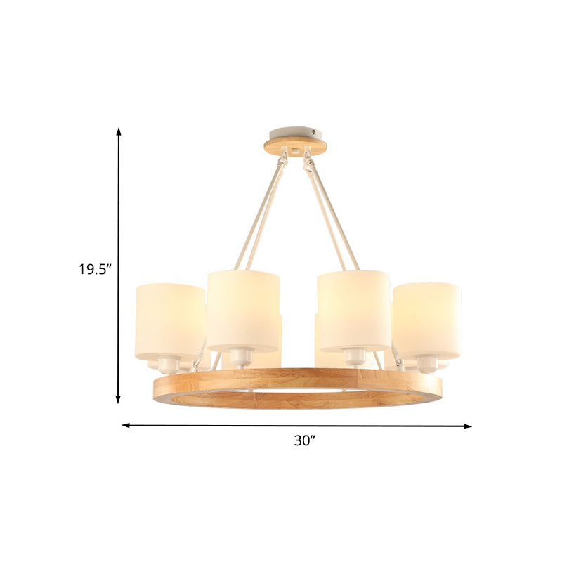 White Glass Cylinder Chandelier Light Modern 4/6/8-Light Wood Hanging Pendant Lamp with Ring Design Clearhalo 'Ceiling Lights' 'Chandeliers' 'Glass shade' 'Glass' 'Modern Chandeliers' 'Modern' Lighting' 731255