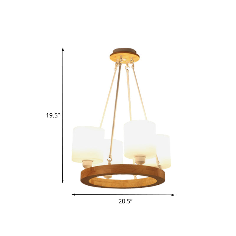 White Glass Cylinder Chandelier Light Modern 4/6/8-Light Wood Hanging Pendant Lamp with Ring Design Clearhalo 'Ceiling Lights' 'Chandeliers' 'Glass shade' 'Glass' 'Modern Chandeliers' 'Modern' Lighting' 731259