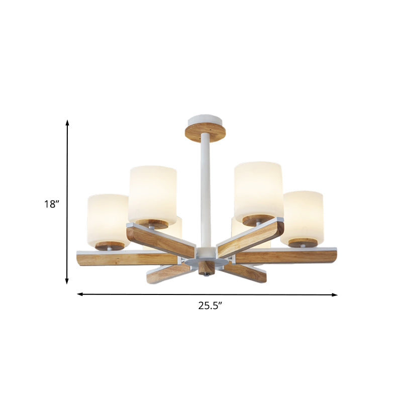 Modernist Cylinder Chandelier White Frosted Glass 6-Head Living Room Radial Pendant in Wood Clearhalo 'Ceiling Lights' 'Chandeliers' 'Glass shade' 'Glass' 'Modern Chandeliers' 'Modern' Lighting' 731264