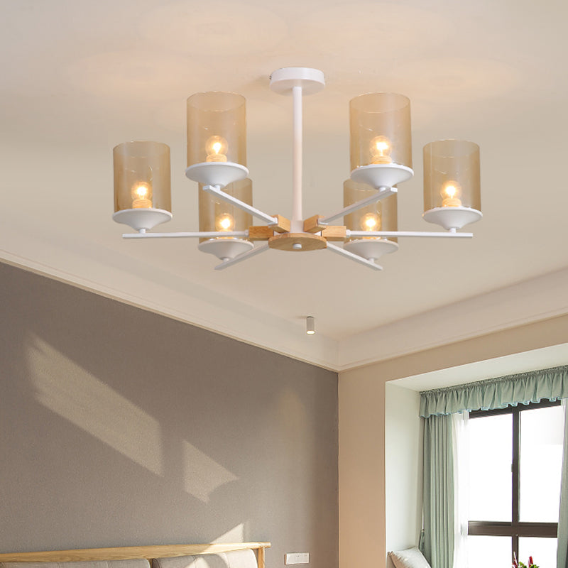 Radial Iron Ceiling Chandelier Modern 6 Heads White/Green and Wood Hanging Pendant with Cylinder Tan Glass Shade Clearhalo 'Ceiling Lights' 'Chandeliers' 'Glass shade' 'Glass' 'Modern Chandeliers' 'Modern' Lighting' 731291