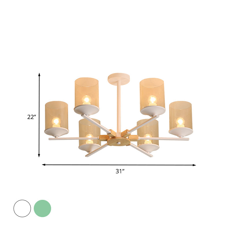 Radial Iron Ceiling Chandelier Modern 6 Heads White/Green and Wood Hanging Pendant with Cylinder Tan Glass Shade Clearhalo 'Ceiling Lights' 'Chandeliers' 'Glass shade' 'Glass' 'Modern Chandeliers' 'Modern' Lighting' 731294