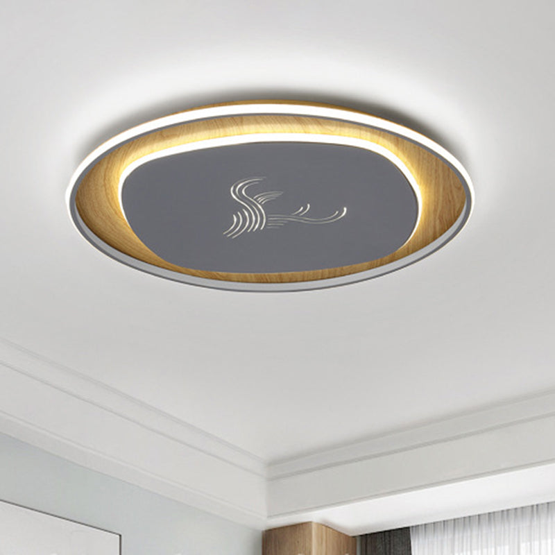 Metal Arc Square Flush Light Modern Black/Grey/Green LED Ceiling Flush with Round Wood Canopy, 16"/19.5" Wide Grey Clearhalo 'Ceiling Lights' 'Close To Ceiling Lights' 'Close to ceiling' 'Flush mount' Lighting' 732201