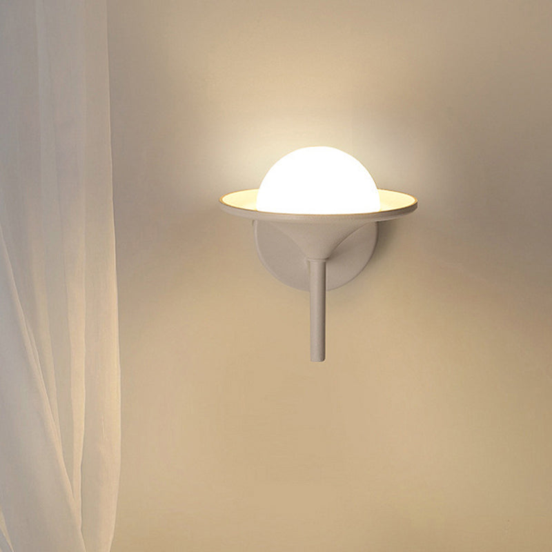 White Flared Sconce Light Fixture Modern LED Metallic Wall Mount Lamp with Ball Milk Glass Shade Clearhalo 'Cast Iron' 'Glass' 'Industrial' 'Modern wall lights' 'Modern' 'Tiffany' 'Traditional wall lights' 'Wall Lamps & Sconces' 'Wall Lights' Lighting' 732543