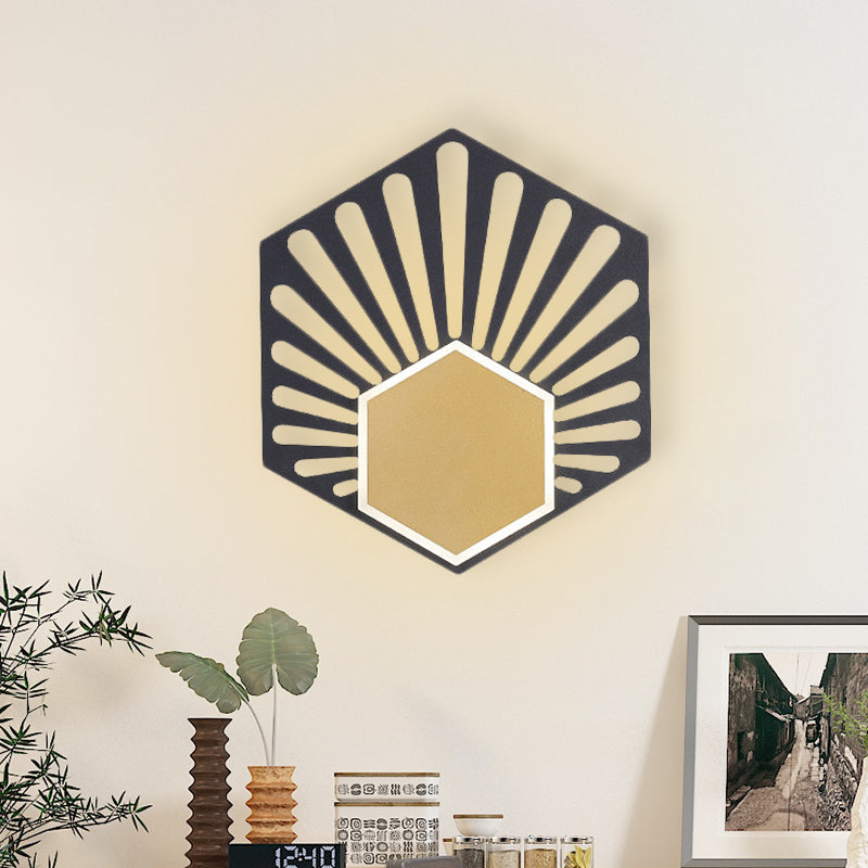 Hexagon Wall Mounted Light Modernist Metallic LED Bedside Sconce Lamp in Black with Fan Design, 8"/10" Wide Black Clearhalo 'Cast Iron' 'Glass' 'Industrial' 'Modern wall lights' 'Modern' 'Tiffany' 'Traditional wall lights' 'Wall Lamps & Sconces' 'Wall Lights' Lighting' 733278