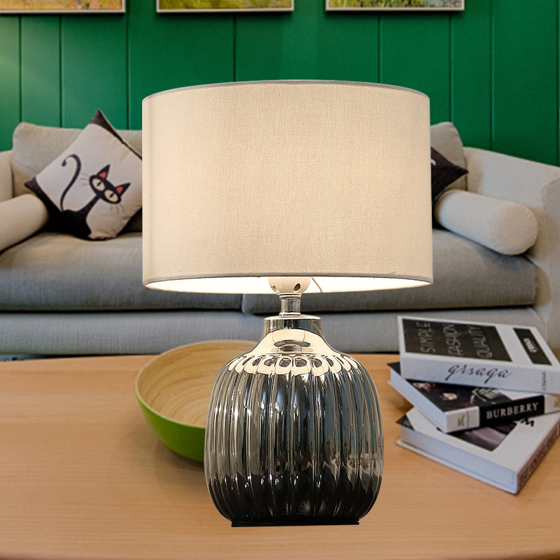 14"/15" L 1 Bulb Bedroom Ceramic Night Lighting Minimal White Finish Table Light with Drum Fabric Shade Clearhalo 'Lamps' 'Table Lamps' Lighting' 733528