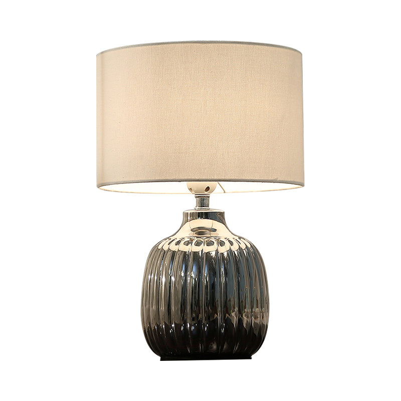 14"/15" L 1 Bulb Bedroom Ceramic Night Lighting Minimal White Finish Table Light with Drum Fabric Shade Clearhalo 'Lamps' 'Table Lamps' Lighting' 733529