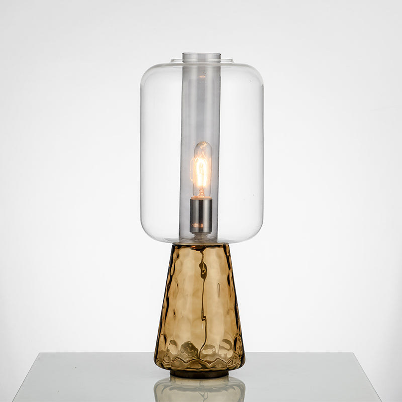 Trapezoid Bedroom Desk Light Smoke Gray/Cognac Water Glass 1-Light Postmodern Plug-In Table Lamp with Cylinder Shade Clearhalo 'Lamps' 'Table Lamps' Lighting' 734049