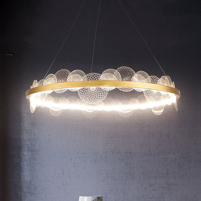 Modern LED Ceiling Light Gold Finish Hoop Chandelier Pendant Lamp with Textured Acrylic Panel Shade in White/Warm Light Gold Clearhalo 'Ceiling Lights' 'Chandeliers' 'Modern Chandeliers' 'Modern' Lighting' 734129
